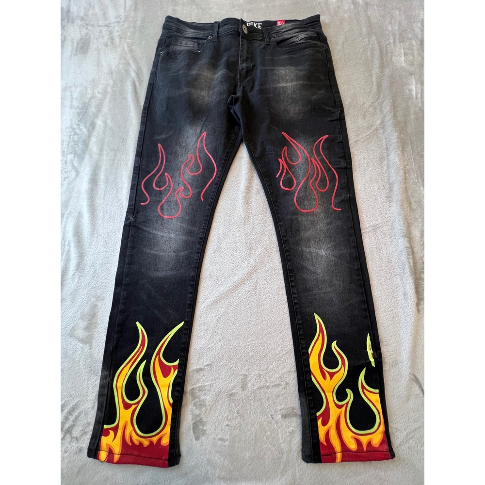 Black Pike Flame Graphic Jeans Mens 34x32 Black Streetwear Denim